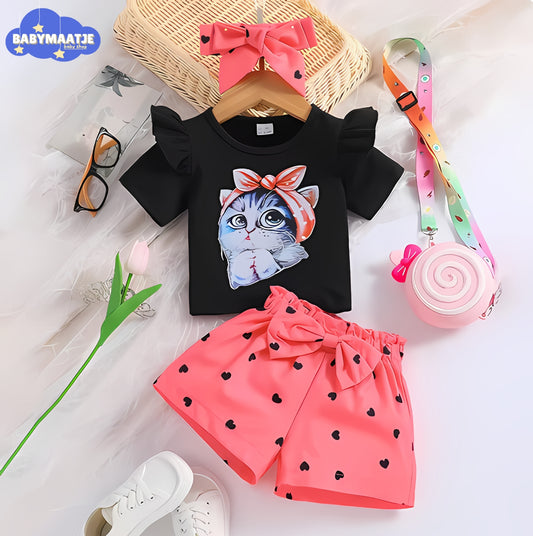 Baby Meisje Kat & Hart Print Set - Ruches T-Shirt en Strik Shorts