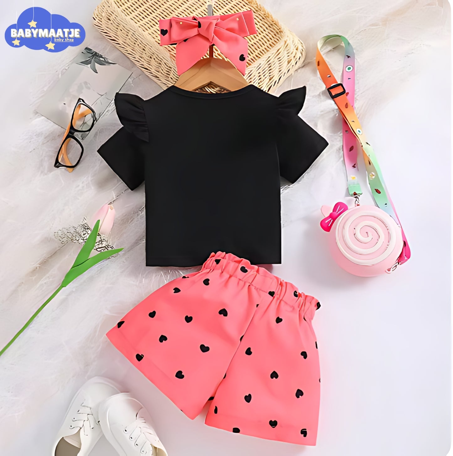 Baby Meisje Kat & Hart Print Set - Ruches T-Shirt en Strik Shorts