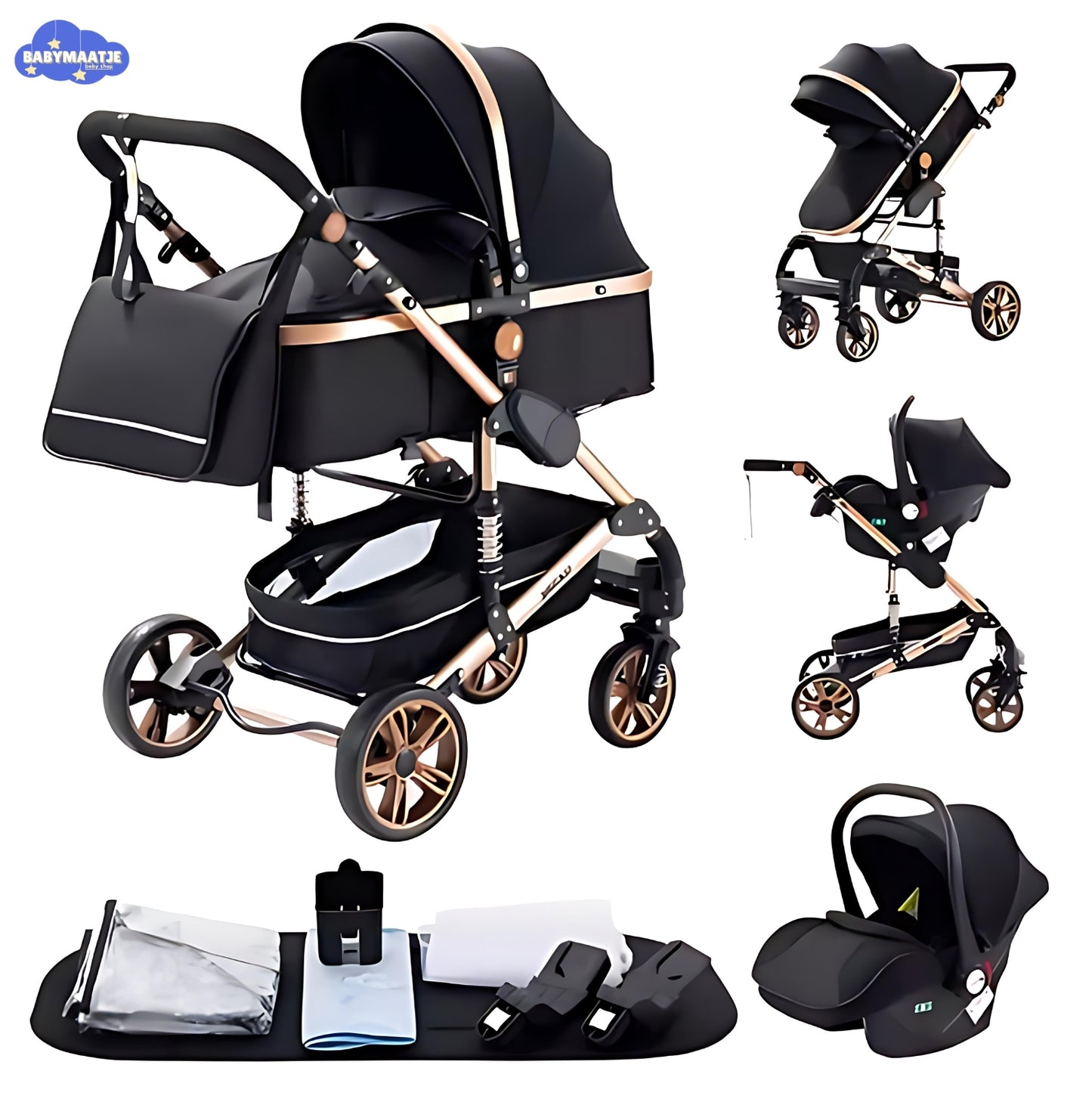 3 in 1 Kinderwagen Zwart / Brons